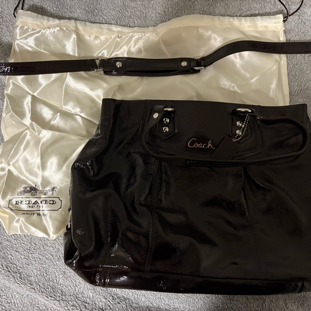 Coach Shiny Black/Burgundy Leather Bag with Silver Accents